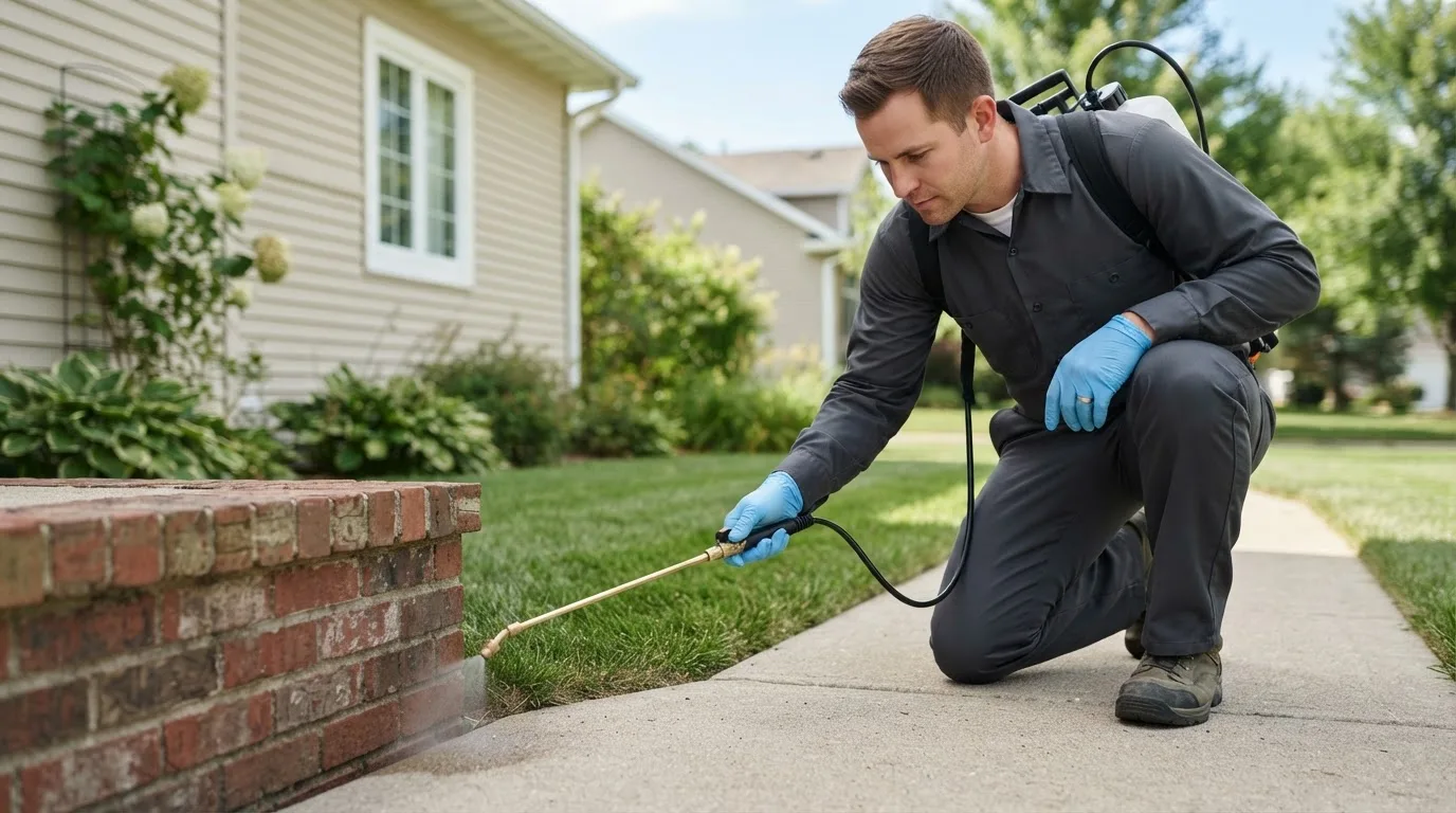 Pest control technician treating a home near Dunkirk, MD
